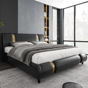 Faux Leather Upholstered Platform Bed Frame with Golden Iron Metal Decor 1