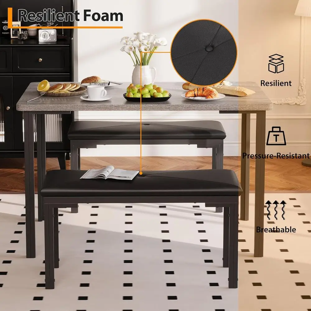 Grey 3-Piece Dining Set with Upholstered Benches for 4, Space-Saving for Small Breakfast Nooks 3