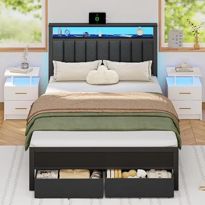 Size Bed Frame with Charging Station and LED Lights, Grey Upholstered Headboard 8