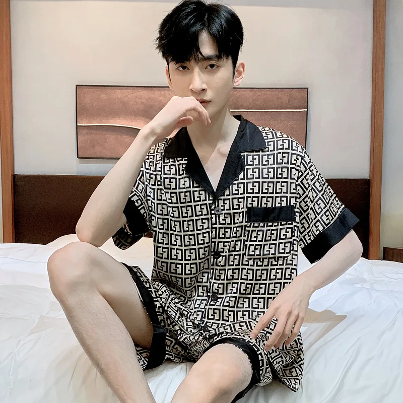 Pajamas Men Spring Summer Thin Ice Silk Luxurious Loose Fitting Home Wear Suit 10