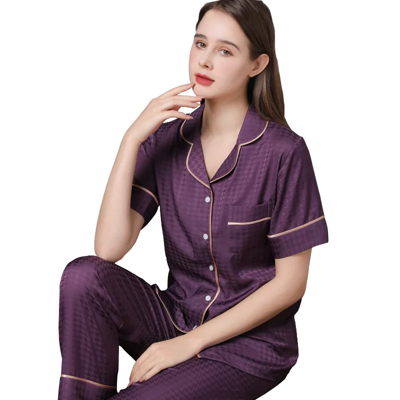 High Quality Couple Pajamas Suit Summer Short Sleeve Long Pant Home Cloth Men Women 5
