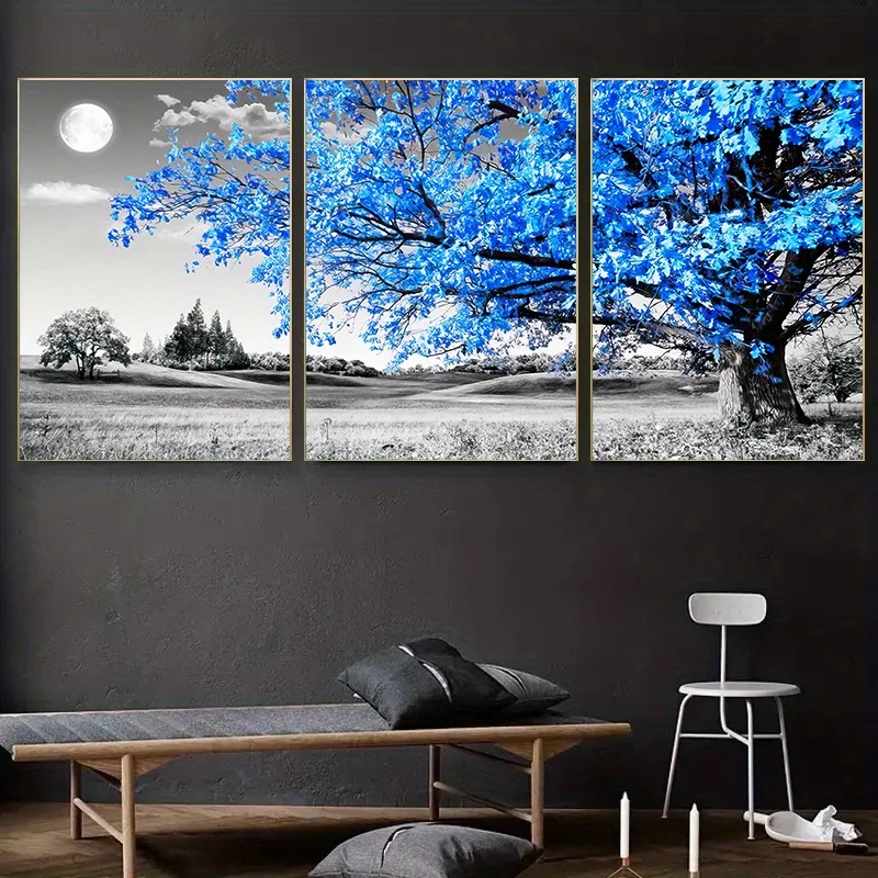 3PCS Blue Tree in The Gray Landscape Poster Nordic Wall Art Canvas Paintings 6