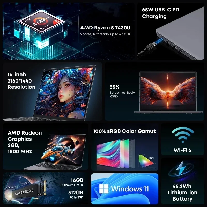 CHUWI CoreBook X Gaming Laptop AMD R5-7430U 16GB DDR4 RAM Hz Windows 11 3