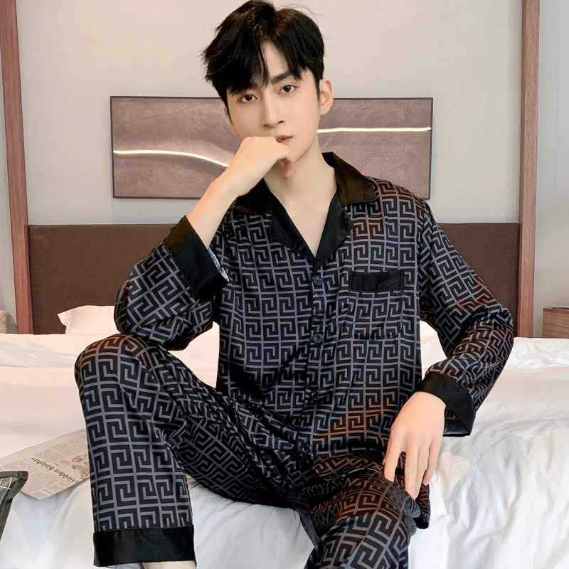 Pajamas Men Spring Summer Thin Ice Silk Luxurious Loose Fitting Home Wear Suit 1