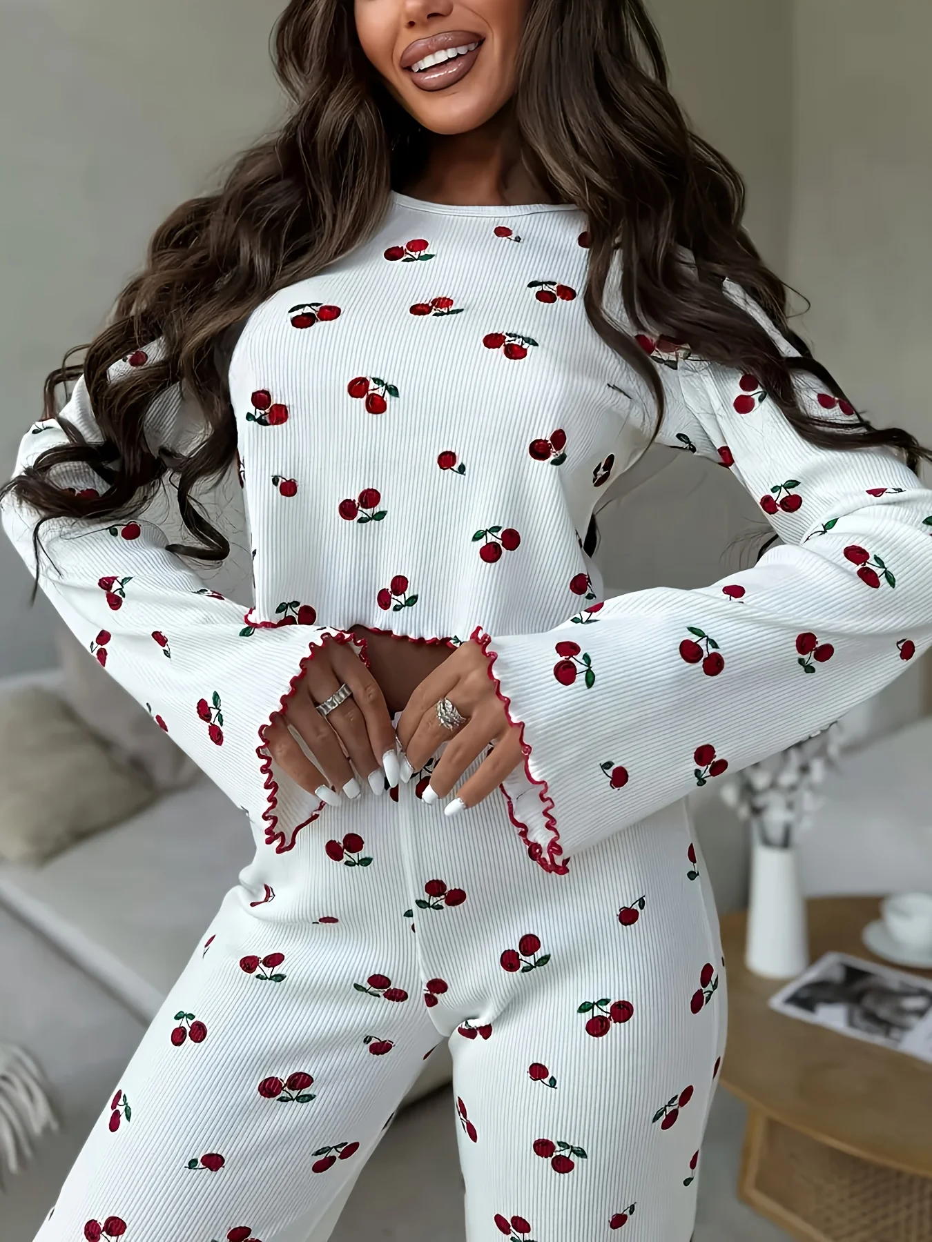 Autumn Winter Pajama Set Women 2pcs Y2K-Style Cherry Print Cuffed-Long-Sleeve Tops 1