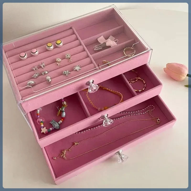 Large Capacity Three-Drawer Velvet Jewelry Box Dustproof Anti-Oxidation 2