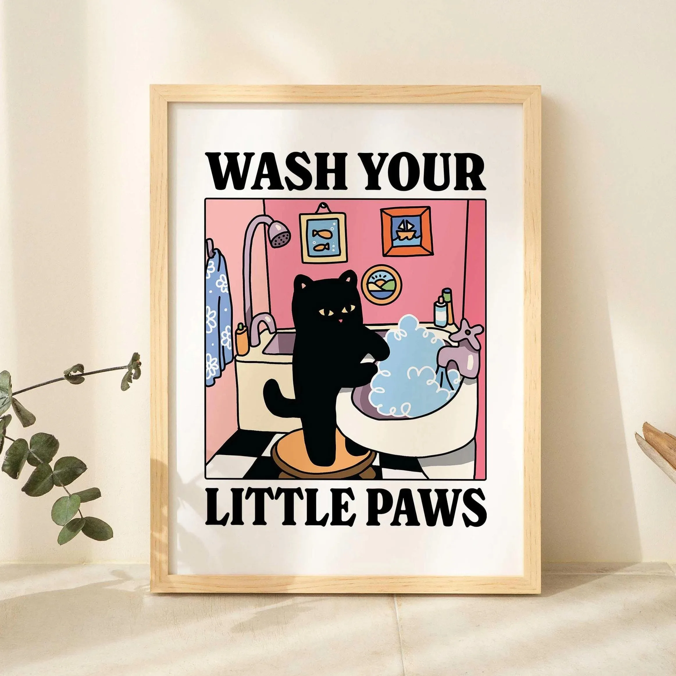Cute Wash Paws Cat Canvas Print Kawaii WashRoom Bathroom Nursery Wall Art Poster for Modern Living Room Bedroom Home Decor 12