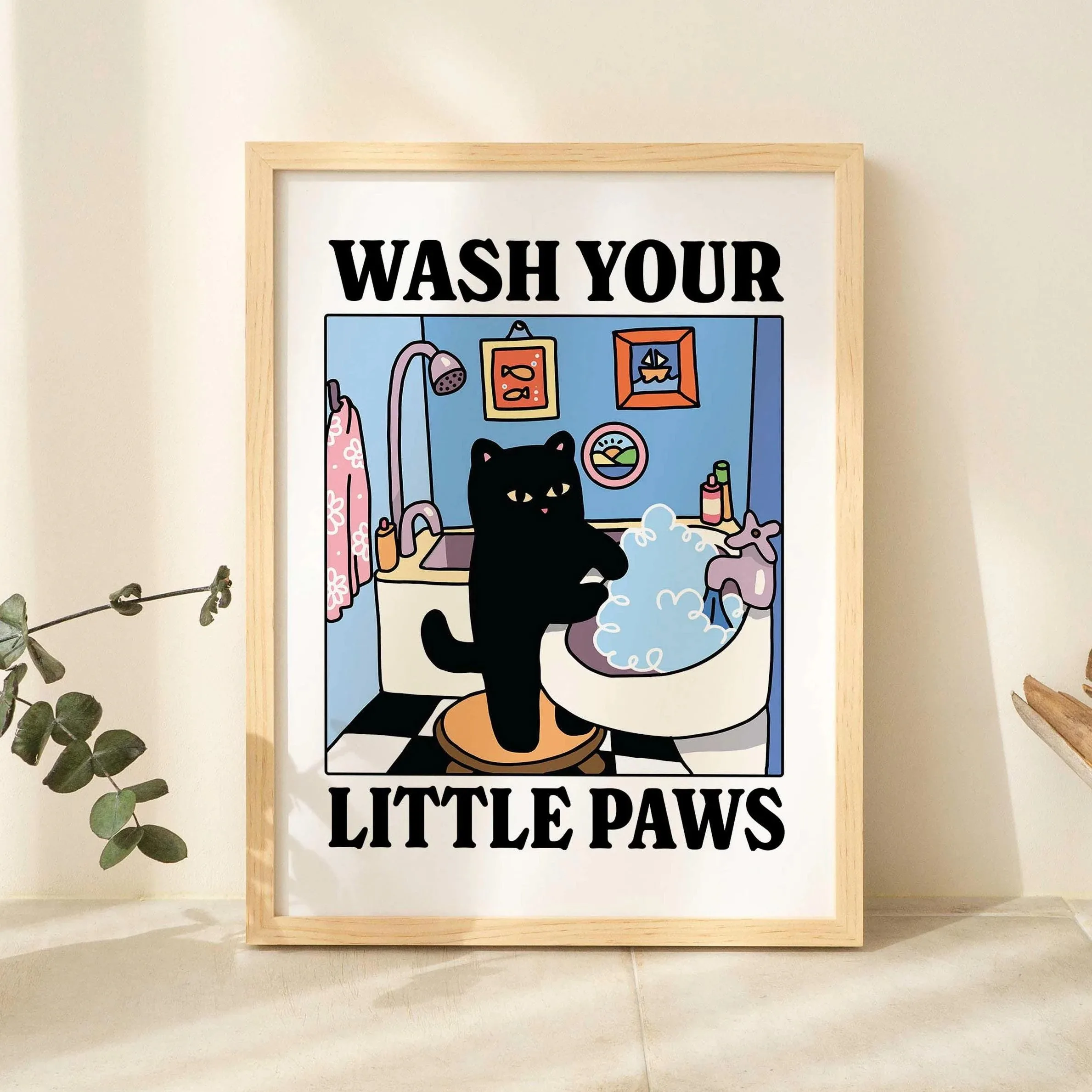 Cute Wash Paws Cat Canvas Print Kawaii WashRoom Bathroom Nursery Wall Art Poster for Modern Living Room Bedroom Home Decor 2