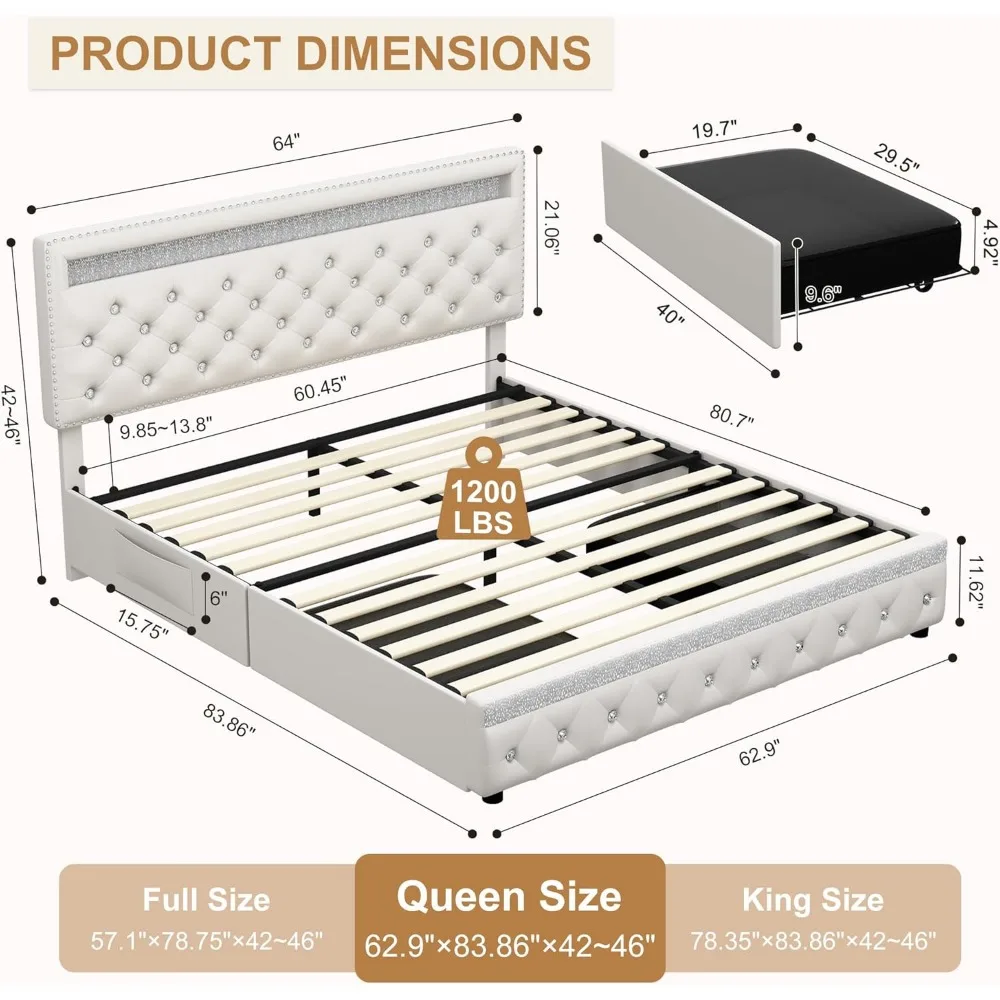 LED Bed Frame with 2 Drawers, PU Upholstered Platform Bed 2