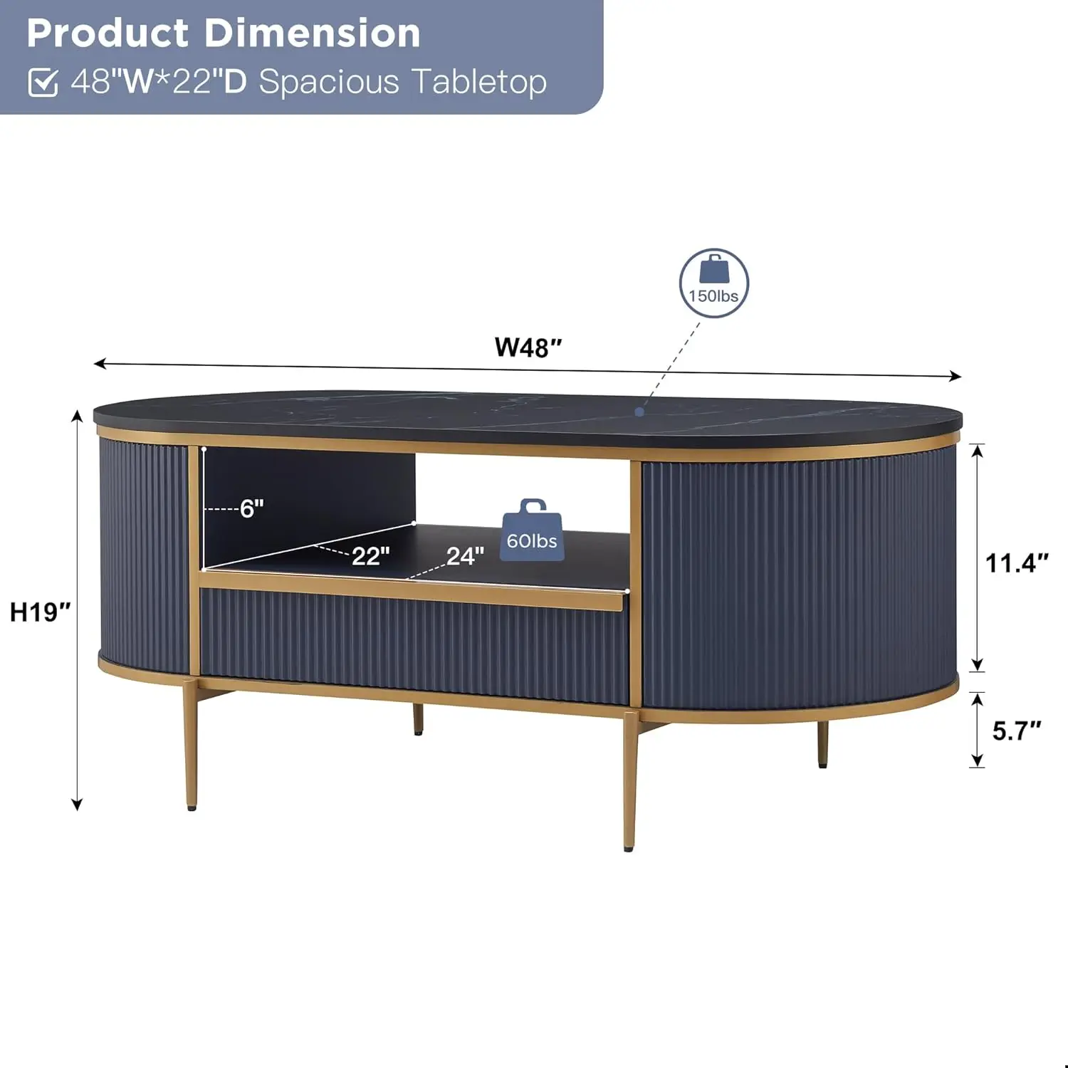 Modern Fluted Coffee Table, 48' 2