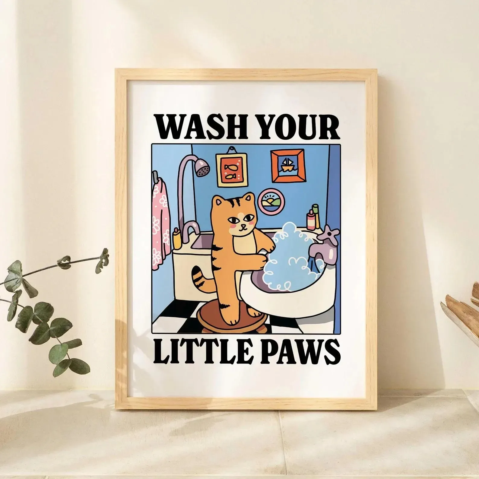 Cute Wash Paws Cat Canvas Print Kawaii WashRoom Bathroom Nursery Wall Art Poster for Modern Living Room Bedroom Home Decor 11