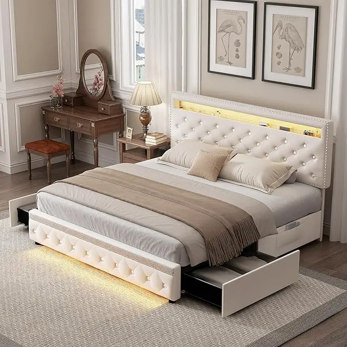 LED Bed Frame with 2 Drawers, PU Upholstered Platform Bed 7