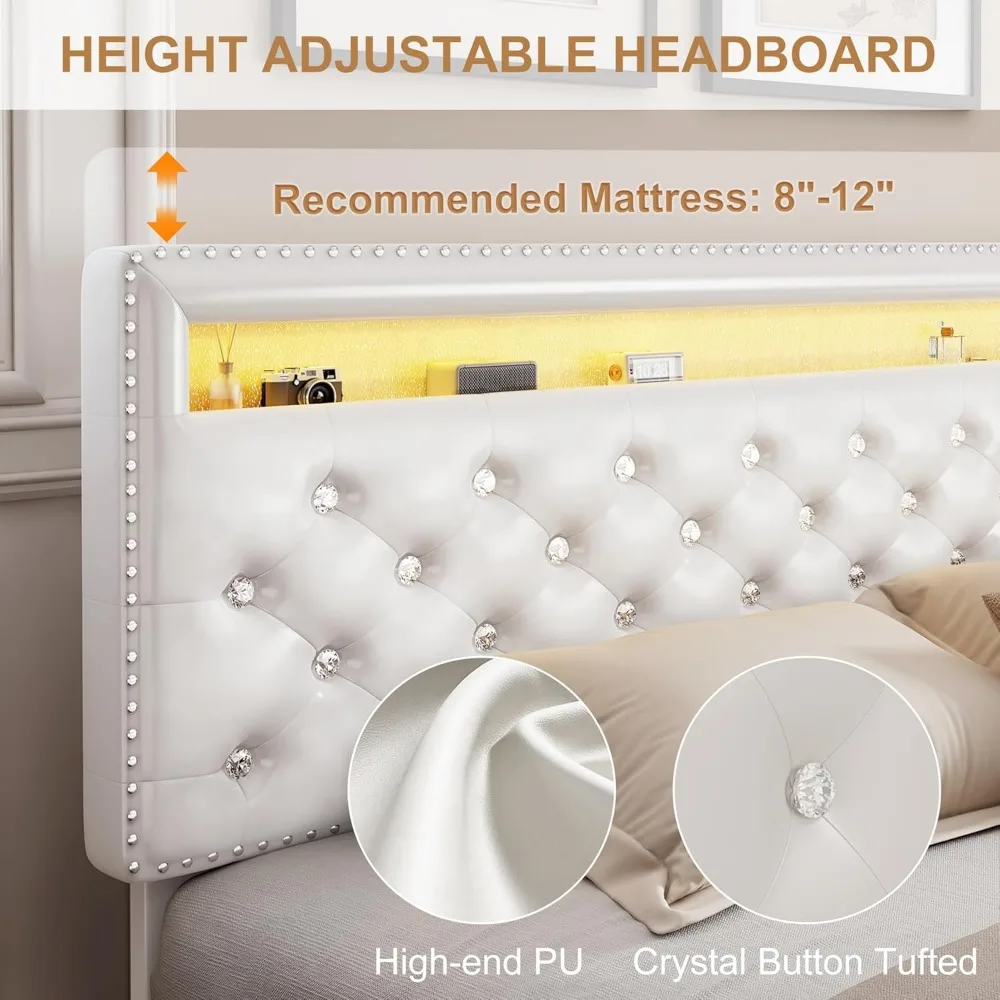 LED Bed Frame with 2 Drawers, PU Upholstered Platform Bed 3