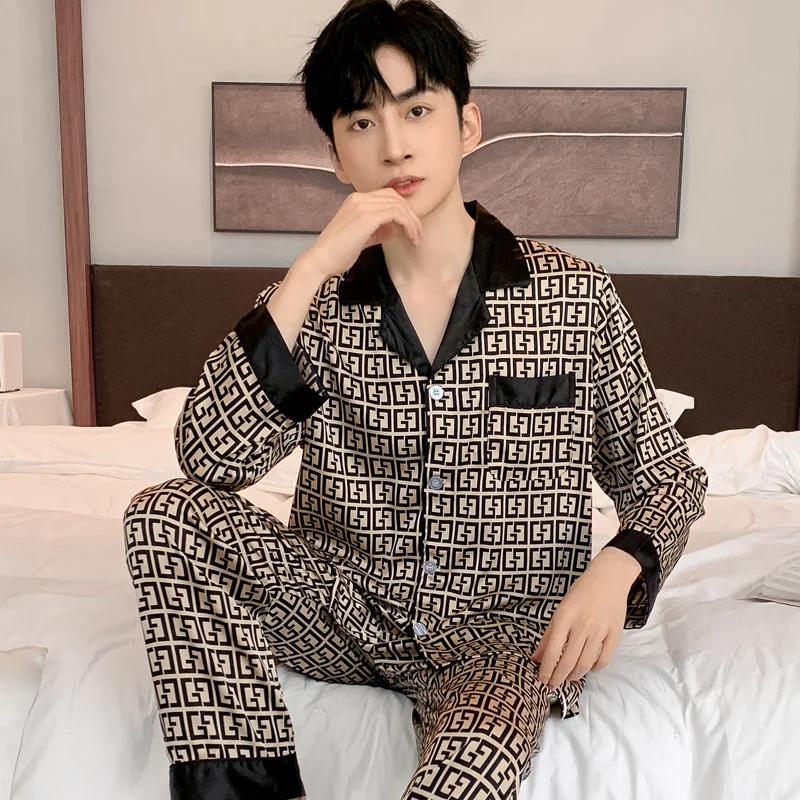 Pajamas Men Spring Summer Thin Ice Silk Luxurious Loose Fitting Home Wear Suit 9