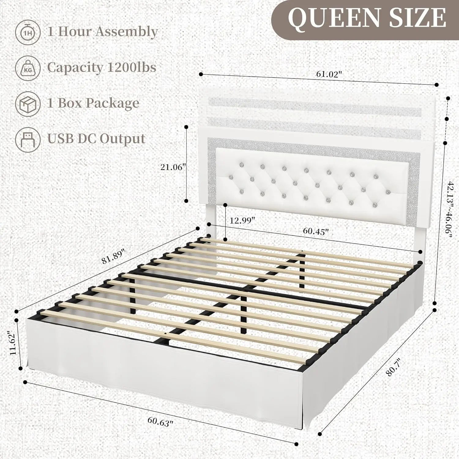 Queen Bed Frame With Adjustable Headboard, Upholstered Platform Bedframe 2