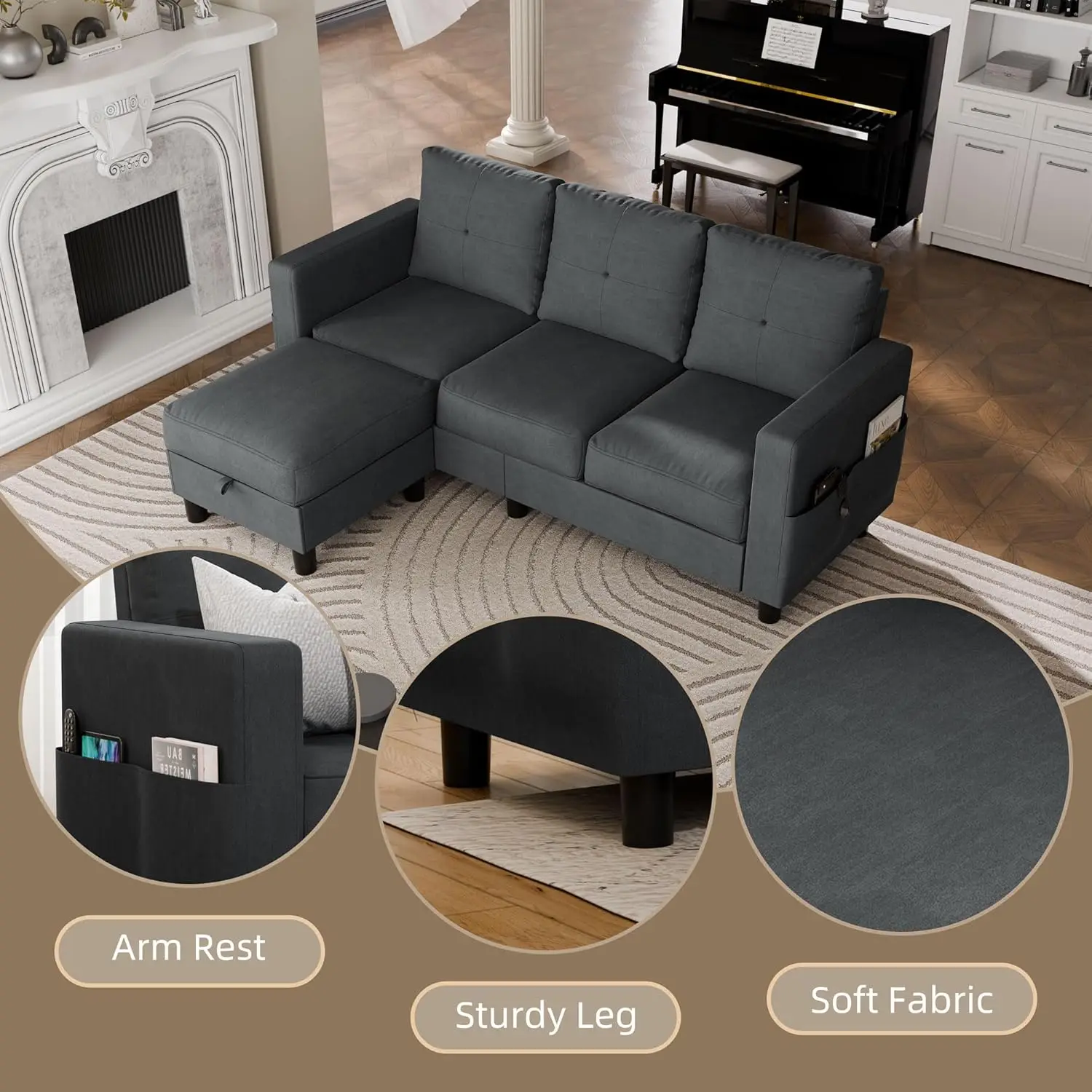 L-Shaped Couch 3 Seat Sofa 4