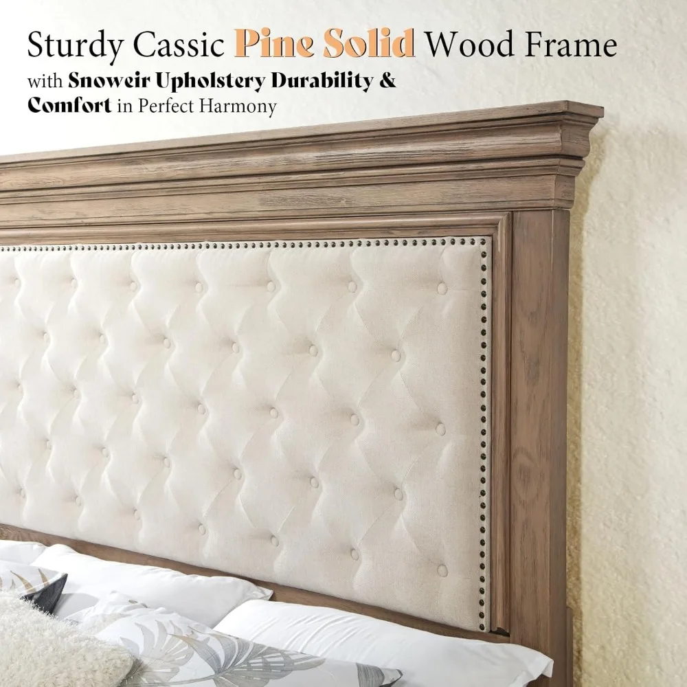 King Size Solid Wood Farmhouse Bed Frame with Upholstered Headboard 4