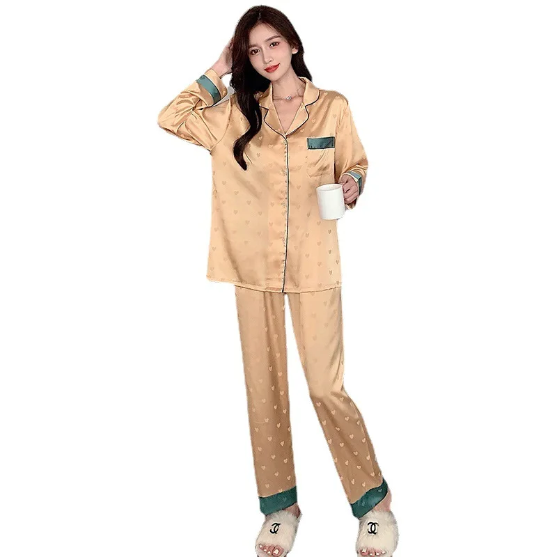 Top Autumn New Ice Silk Women Pajama Lapel Button Cardigan Outfits for Women 2 Piece 4