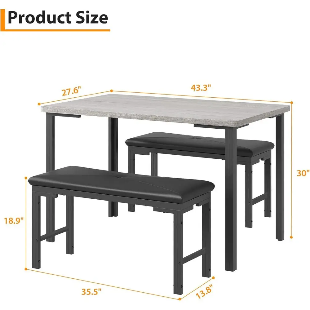 Grey 3-Piece Dining Set with Upholstered Benches for 4, Space-Saving for Small Breakfast Nooks 5