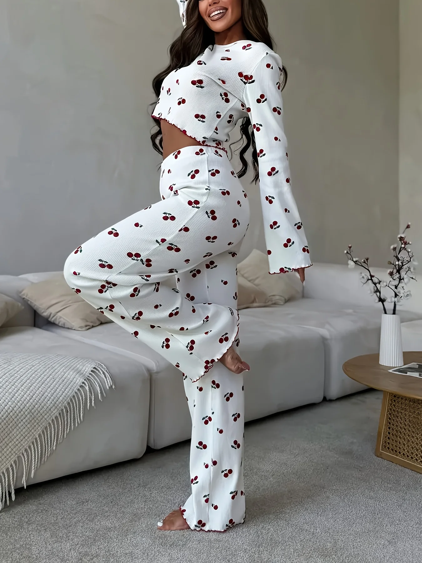 Autumn Winter Pajama Set Women 2pcs Y2K-Style Cherry Print Cuffed-Long-Sleeve Tops 4