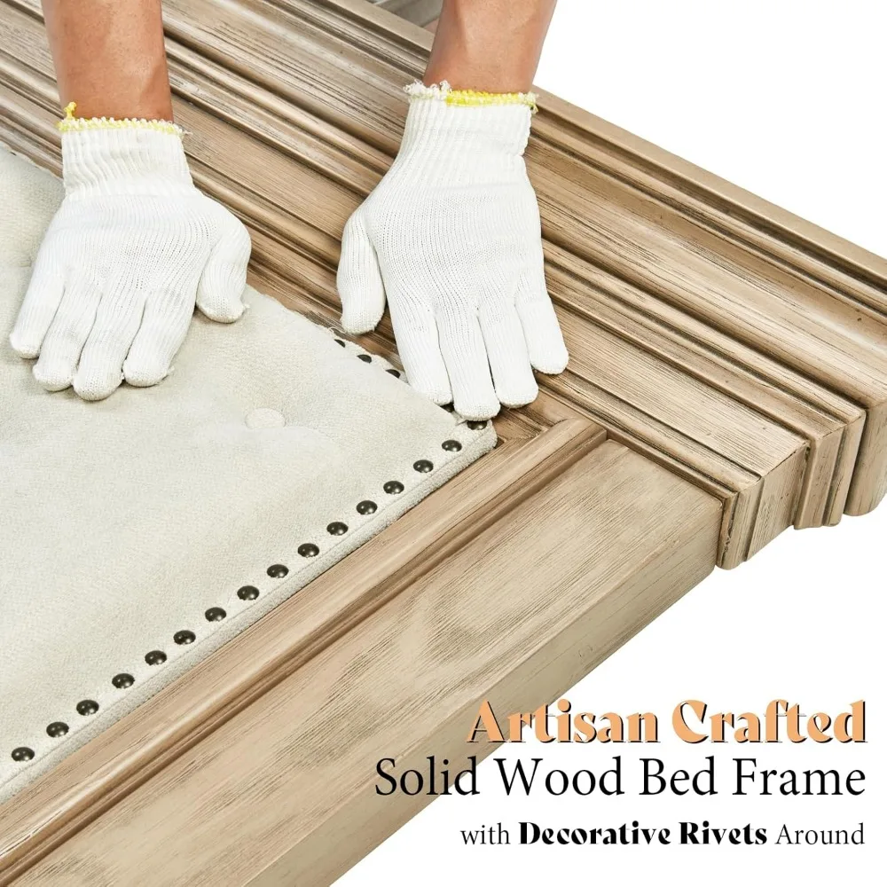 King Size Solid Wood Farmhouse Bed Frame with Upholstered Headboard 6