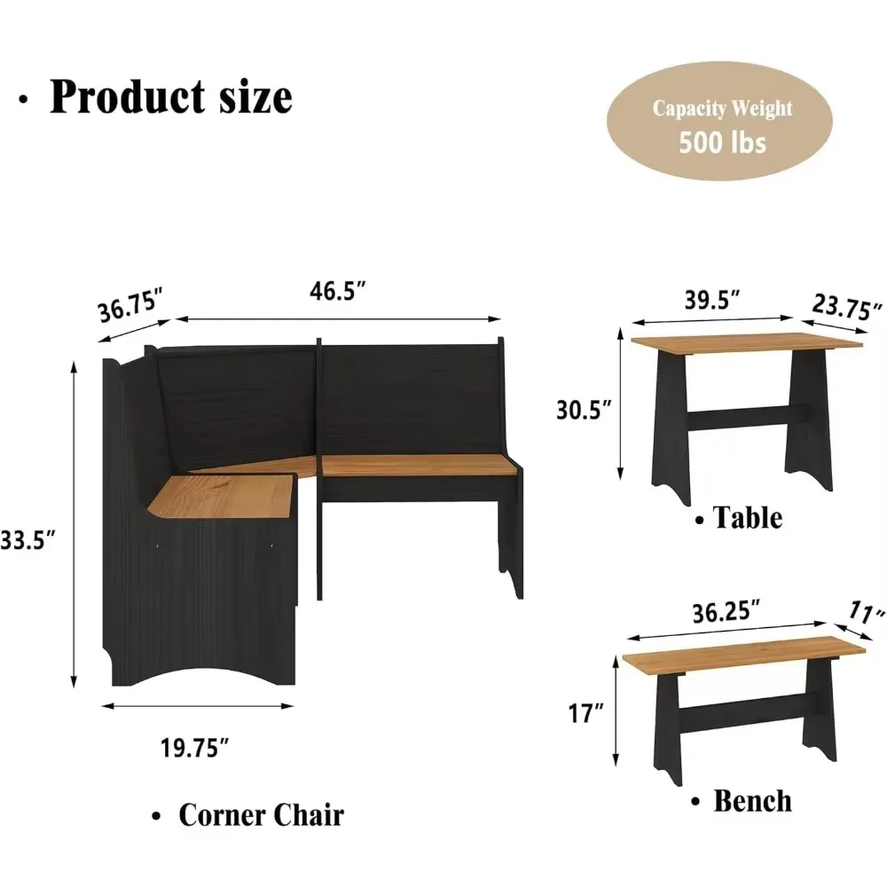 Breakfast Nook Corner Dining Table Kitchen Bench Chair Set 3