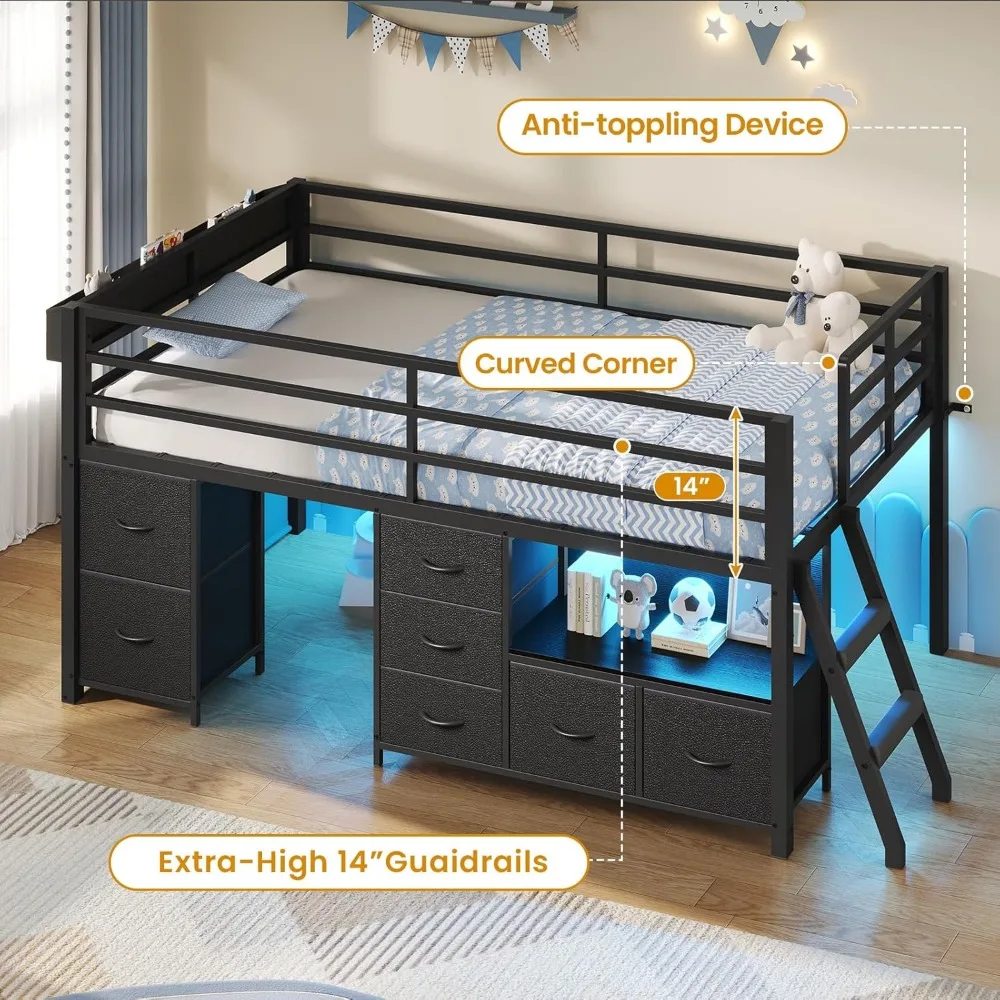 Twin Size Metal Kids Loft Bed with 7 Storage Drawers, Bookcase, LED Lights, and 14 Inch Safety Rail 3