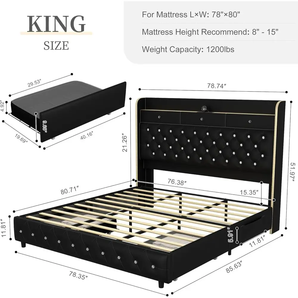 King Size Platform Bed with Star Projector, Storage Drawers, 52 Diamond Headboard 2