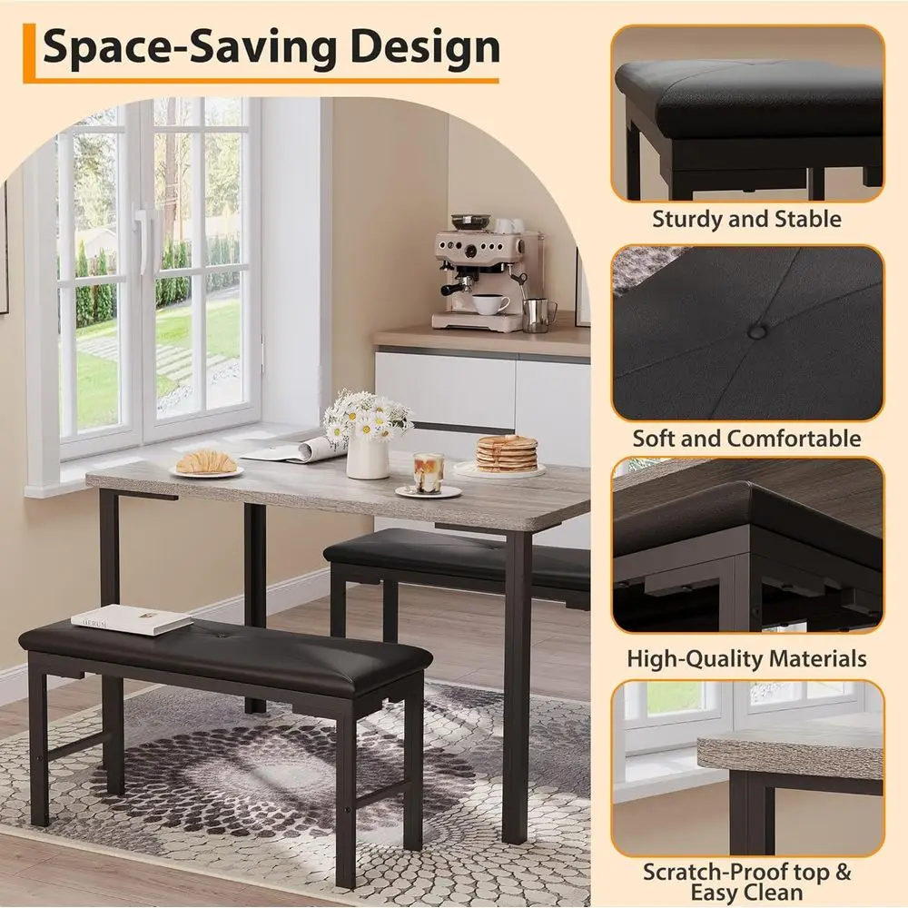 Grey 3-Piece Dining Set with Upholstered Benches for 4, Space-Saving for Small Breakfast Nooks 4