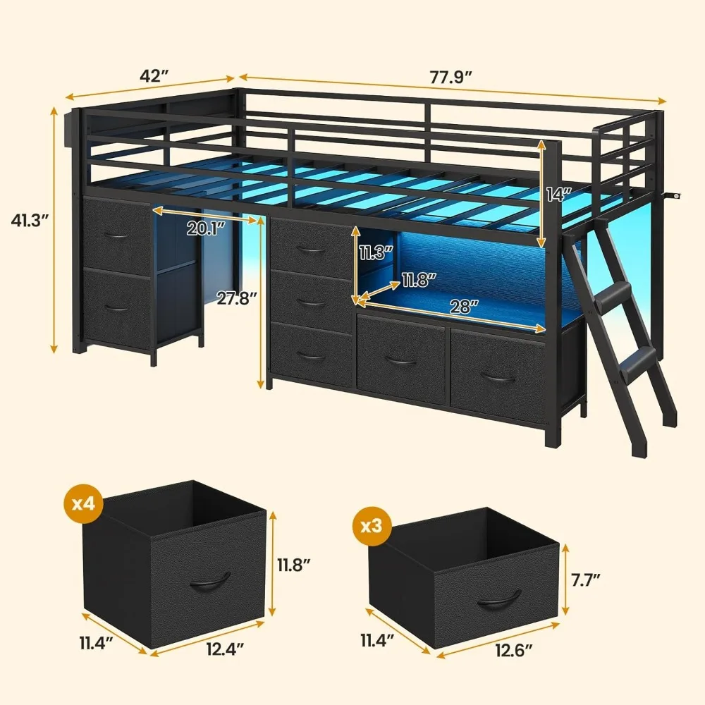Twin Size Metal Kids Loft Bed with 7 Storage Drawers, Bookcase, LED Lights, and 14 Inch Safety Rail 2