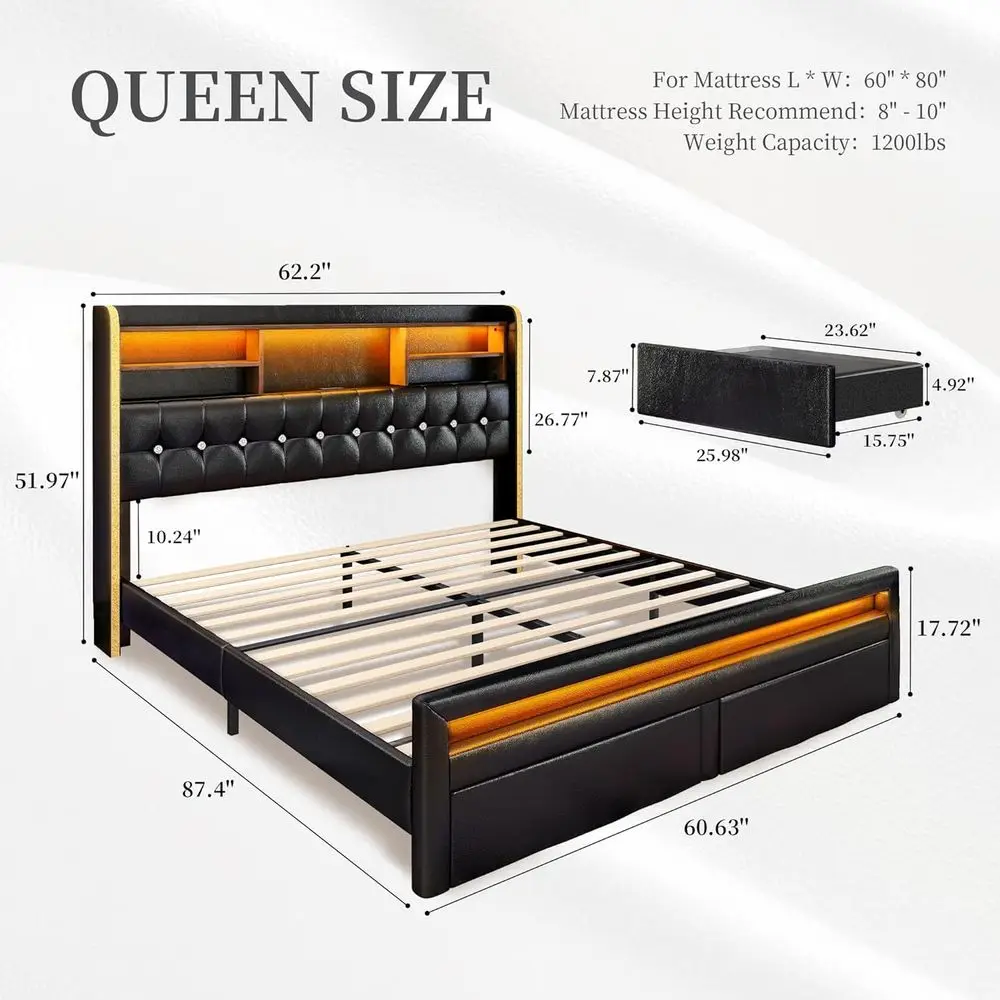 Queen Bed with Storage, Bookcase, Desks, 52 LED TV Bed, Grey Linen Wingback Bed with Footboard 2