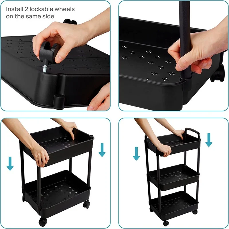 3Tier Plastic Rolling Utility Cart with Storage Bucket for Cleaning 5