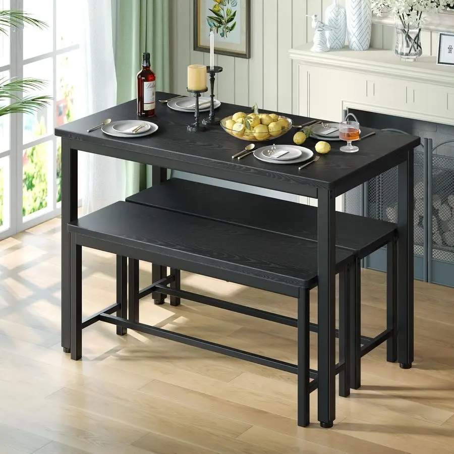 Dining Table Set for 4, 3Piece Kitchen Table with 2 Benches 4