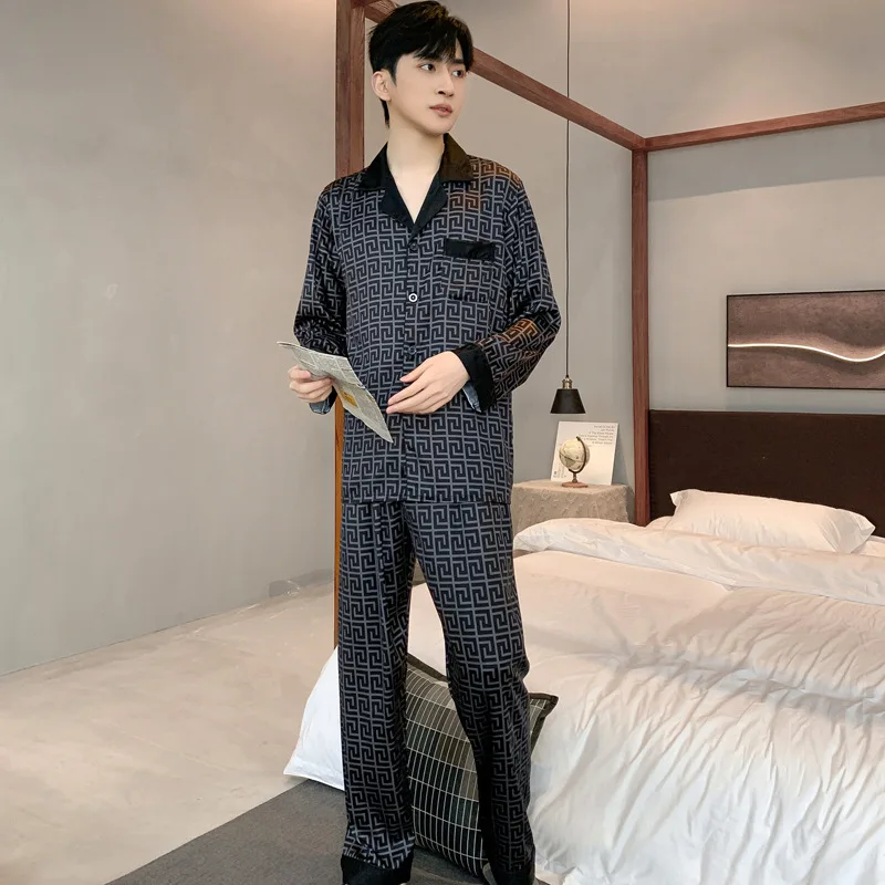 Pajamas Men Spring Summer Thin Ice Silk Luxurious Loose Fitting Home Wear Suit 3