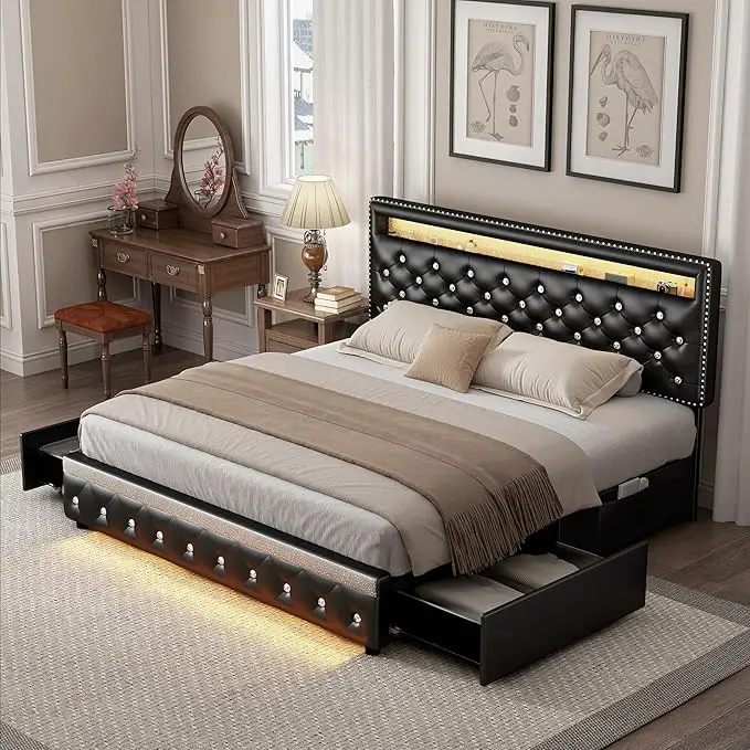 LED Bed Frame with 2 Drawers, PU Upholstered Platform Bed 8