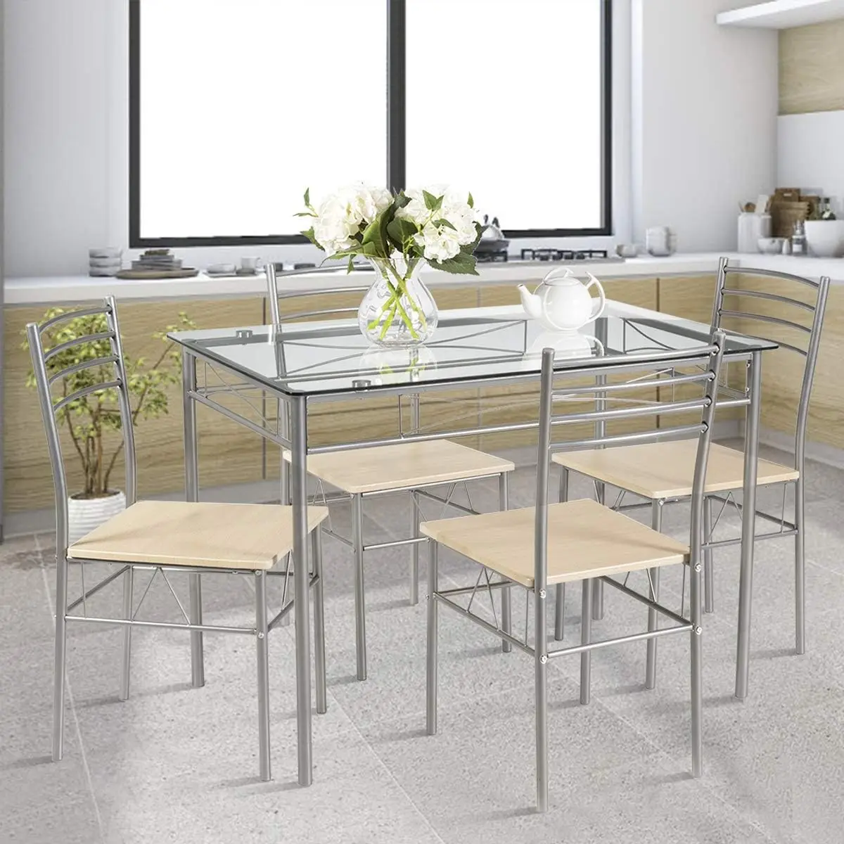 5-Piece Dining Set with Tempered Glass Table and 4 Chairs 3