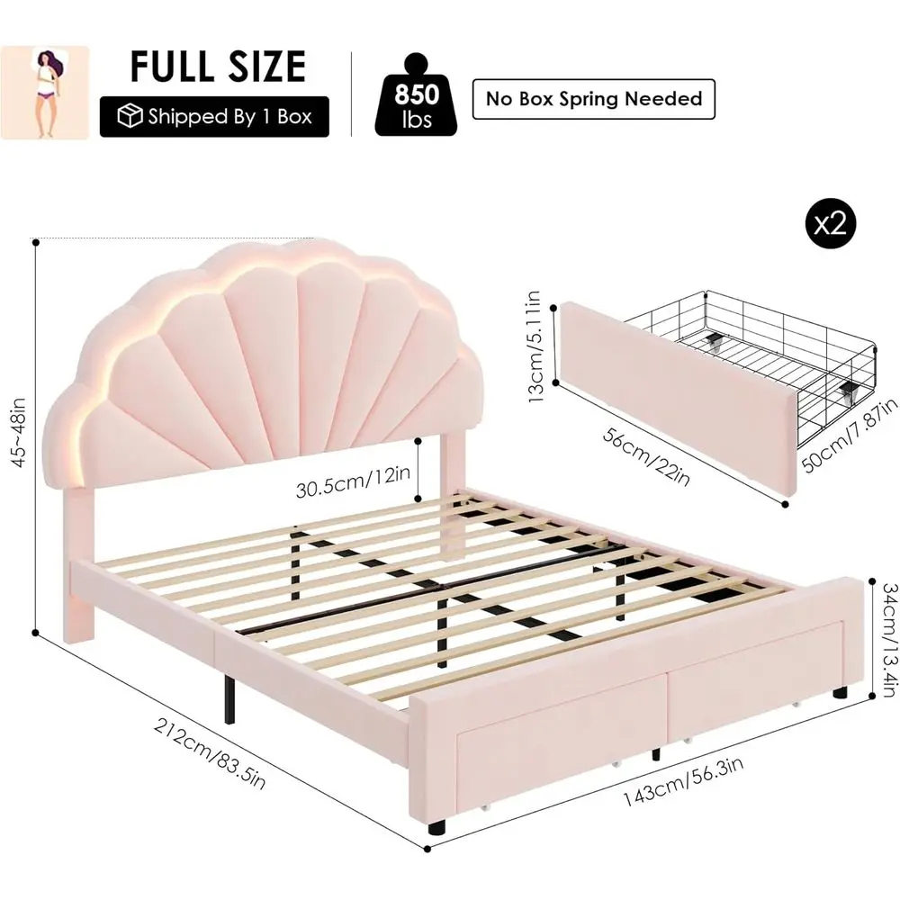 Full-Size LED Bed Frame with Storage, Adjustable Headboard, for Girls, Pink, No Box Spring 2