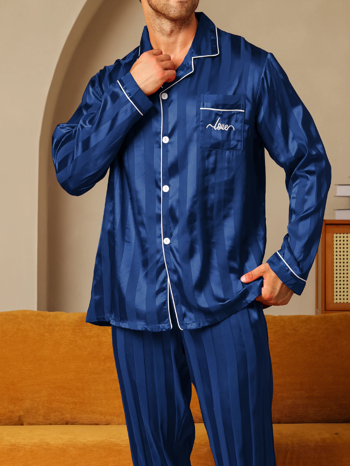 Two piece sets men's pajamas autumn and winter silk satin long sleeved 3