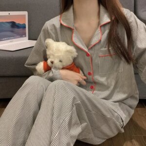 2PCS/Set Women's Long Sleeve Loose Breathable Student Sleepwear Loungewear 1