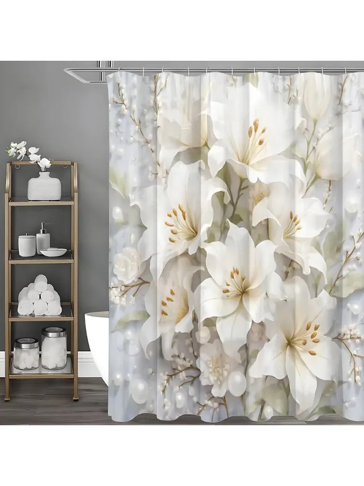 White Floral Pearl Shower Curtain, Bathroom 7