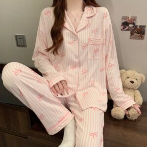Pink Bow Dtie Design Pajamas for Women Long Sleeve Top & Elastic Waist Pants Pajamas Set Wear 1
