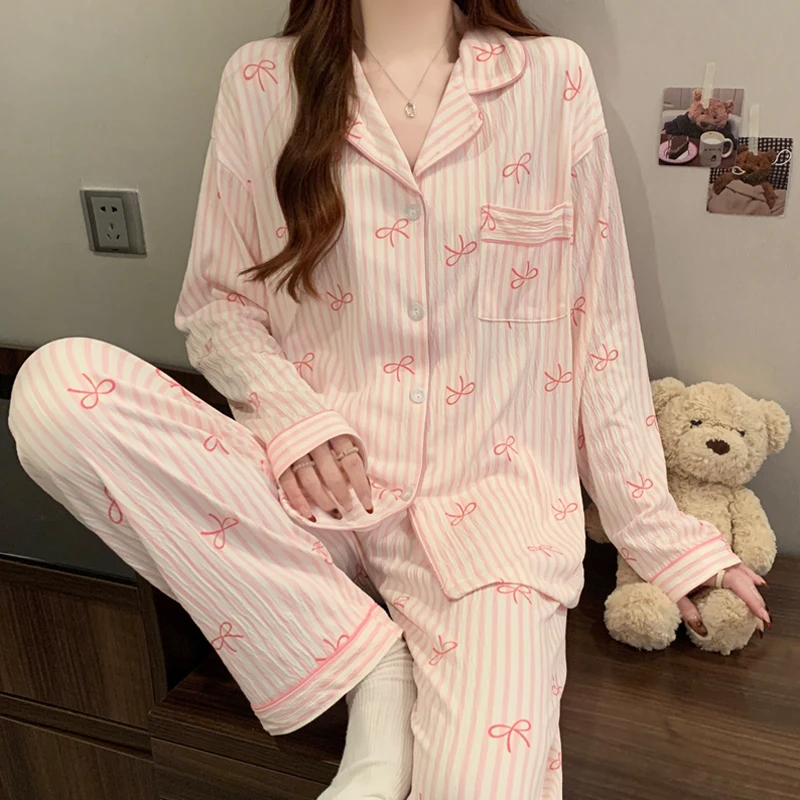 Pink Bow Dtie Design Pajamas for Women Long Sleeve Top & Elastic Waist Pants Pajamas Set Wear 1