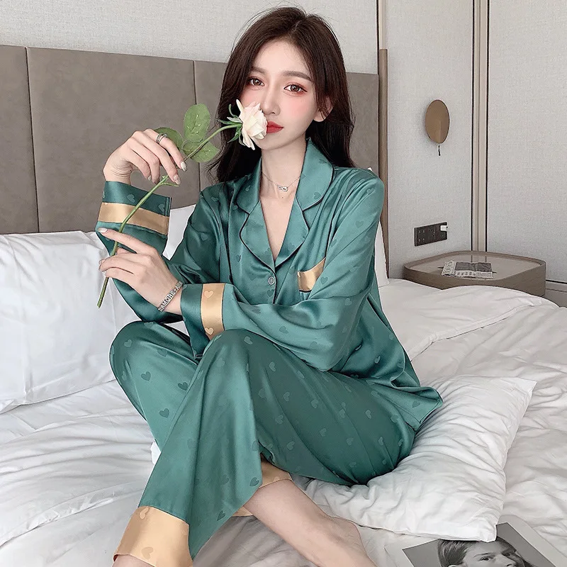 Top Autumn New Ice Silk Women Pajama Lapel Button Cardigan Outfits for Women 2 Piece 1