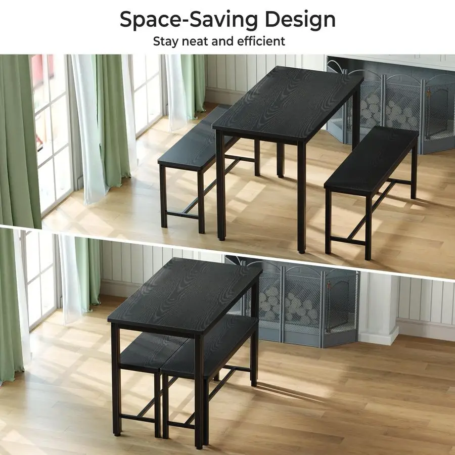 Dining Table Set for 4, 3Piece Kitchen Table with 2 Benches 3