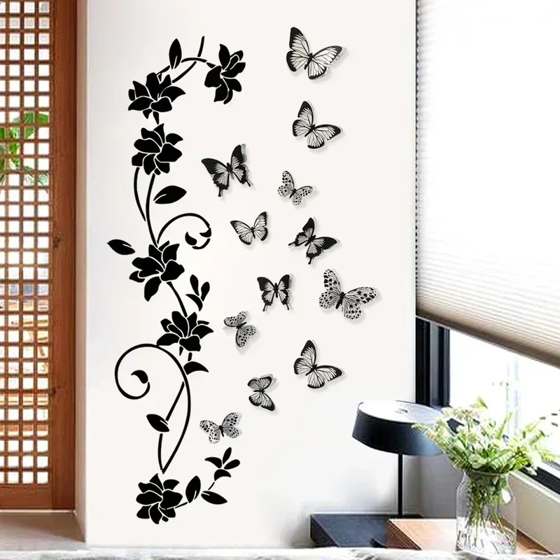 Black Flower Vine 3D Butterfly Wall Sticker 5
