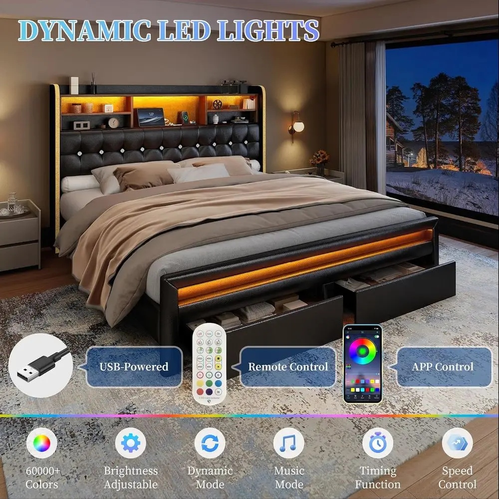 Queen Bed with Storage, Bookcase, Desks, 52 LED TV Bed, Grey Linen Wingback Bed with Footboard 3