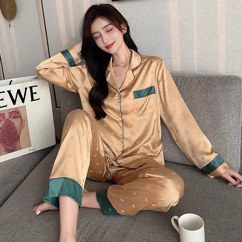 Top Autumn New Ice Silk Women Pajama Lapel Button Cardigan Outfits for Women 2 Piece 5
