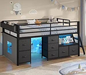 Twin Size Metal Kids Loft Bed with 7 Storage Drawers, Bookcase, LED Lights, and 14 Inch Safety Rail 7