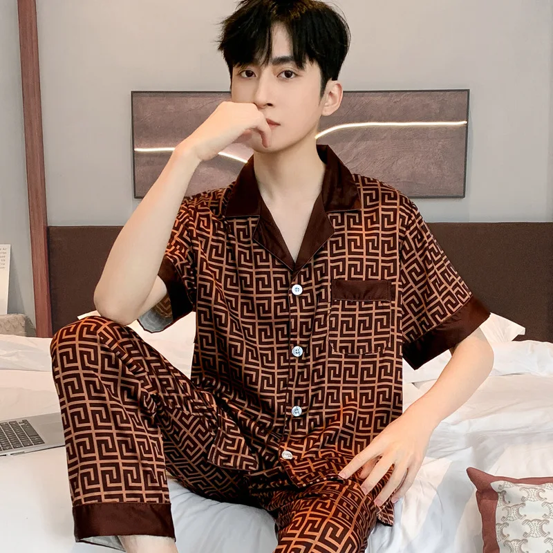 Pajamas Men Spring Summer Thin Ice Silk Luxurious Loose Fitting Home Wear Suit 8