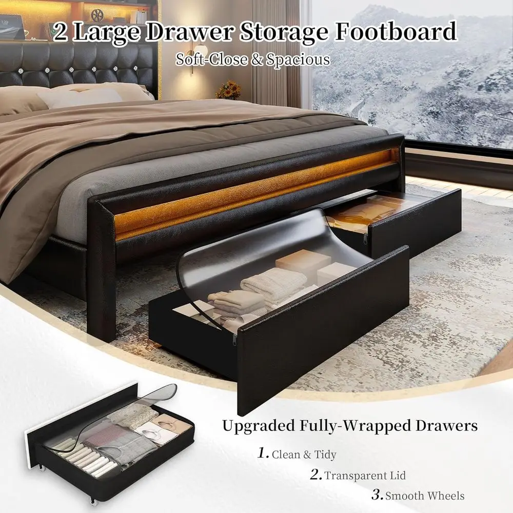 Queen Bed with Storage, Bookcase, Desks, 52 LED TV Bed, Grey Linen Wingback Bed with Footboard 6